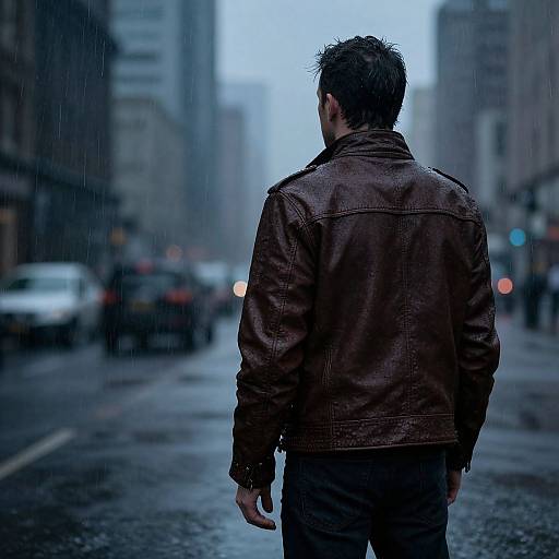 Photograph of a man with short, wet hair, wearing a brown leather jacket, standing alone on a rainy urban street, cars and blurred buildings in
