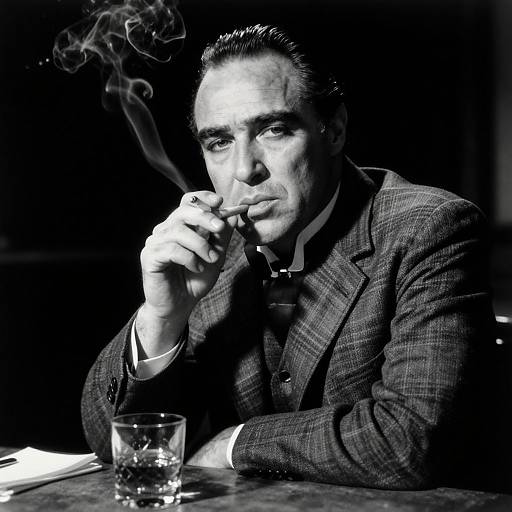 Black-and-white photograph of a handsome man with slicked-back hair, smoking a cigarette, wearing a checkered suit, seated at a dark table with