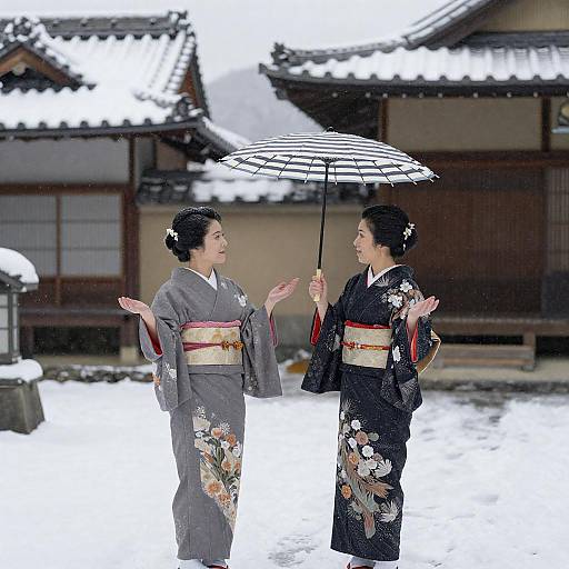 Japanese Women in Kimonos in Snowy Courtyard