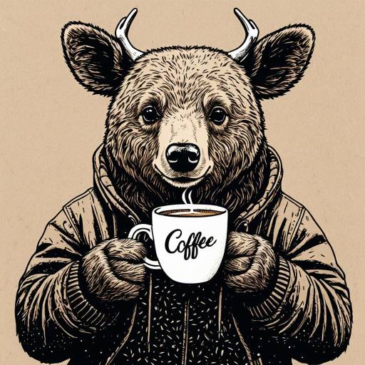 Bear with Antlers Holding Coffee Cup Illustration