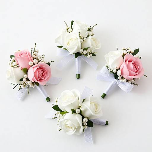 Top-down photograph of a floral arrangement with pink and white roses, small white berries, and green leaves, tied with white ribbons, forming a circular