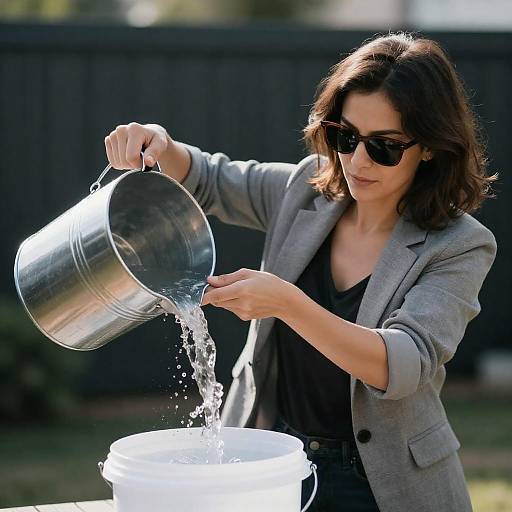 Woman Pouring Water Between Buckets Outdoors