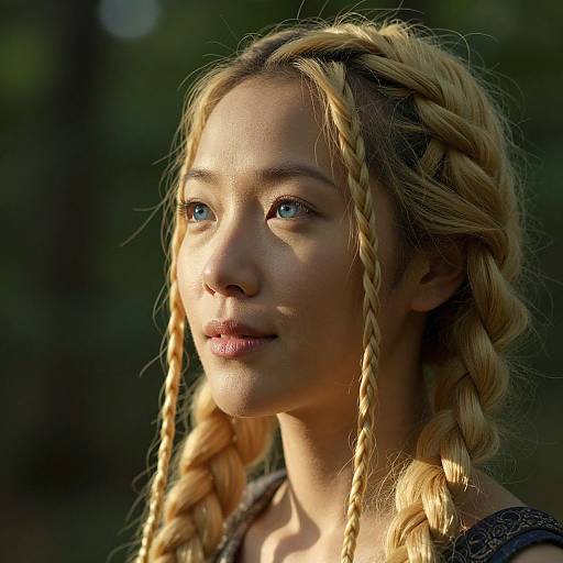 Photograph of a young woman with fair skin, blue eyes, and blonde braided hair, looking to the side in soft sunlight. Background is dark