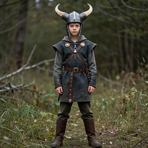 Photograph of a young boy in a Viking costume, wearing a horned helmet, dark tunic, brown belt, and boots, standing in a