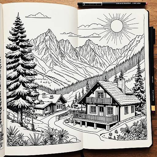 Alpine Village Line Art Coloring Page