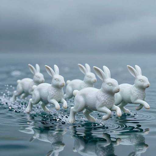Photograph of white ceramic rabbits running across rippling water, creating splashes. The background is a blurred, misty gray sky, enhancing the white