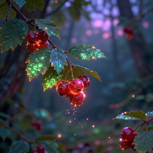 Photograph of glowing red cherries with green leaves illuminated by colorful fairy lights in a misty, blue-toned forest.