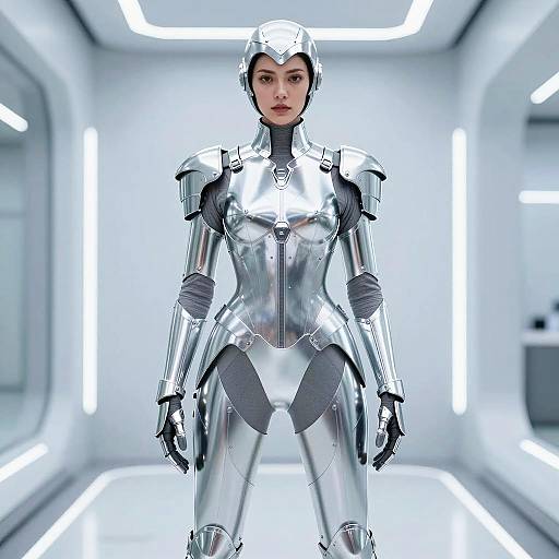 Futuristic Woman in Silver Armor Suit