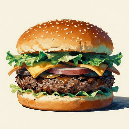 Digital illustration of a juicy beef burger with sesame seed bun, lettuce, tomato, cheese, and onion, set against a white background.