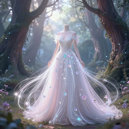 Ethereal, glowing white ball gown with sparkling blue and pink accents, illuminated by sunlight in a mystical forest. Digital art.