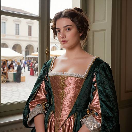 Photograph of a young woman with fair skin and dark hair in an ornate, medieval-style green and copper dress, standing by a sunlit window
