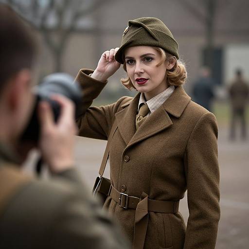 Photograph of a fair-skinned, blonde woman in 1940s military attire, brown coat, olive beret, red lipstick, adjusting hat