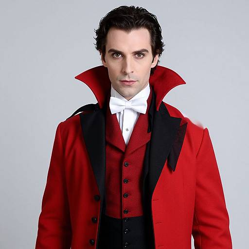 Photograph of a handsome man with dark hair, wearing a red coat with black lapels, white bow tie, and red vest, against a plain