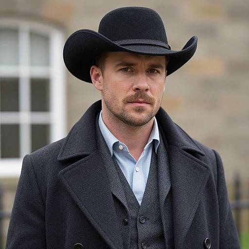 Photograph of a handsome, bearded man with fair skin, wearing a black cowboy hat, dark overcoat, and blue shirt, standing outdoors in