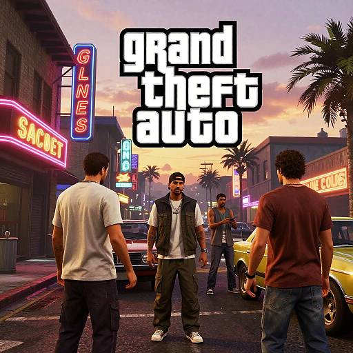 Photograph-style digital art of four men in casual attire standing on a neon-lit urban street at sunset, with 