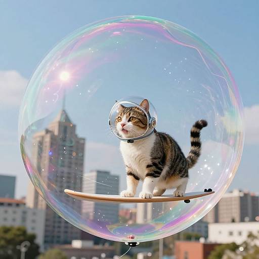 Photograph of a tabby kitten with a transparent bubble helmet, standing on a wooden board inside a large, colorful bubble, against a bright blue sky