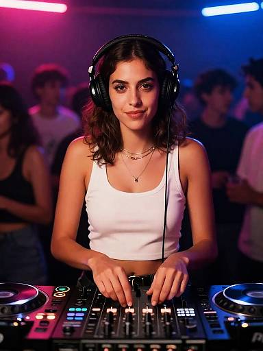 Confident Female DJ Mixing in Neon-lit Club