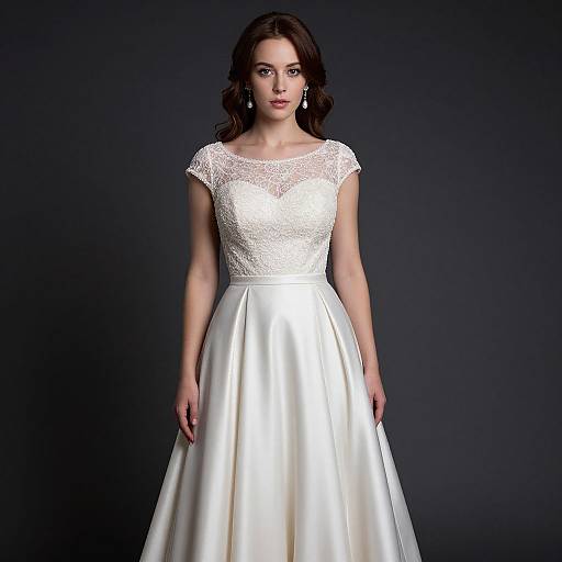 Photograph of a fair-skinned woman with dark brown hair, wearing a white lace bodice and satin skirt wedding dress, standing against a dark background