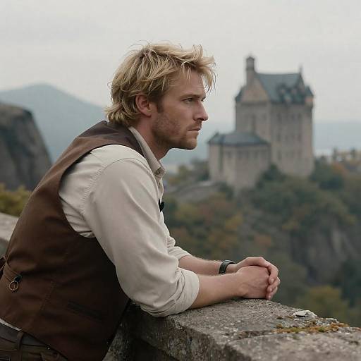 Brooding Man Overlooking Misty Castle