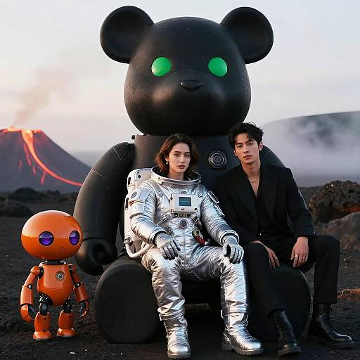 Futuristic Astronaut with Robotic Companions