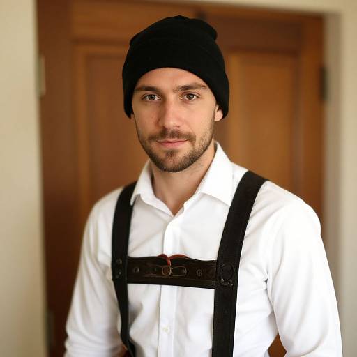 Photograph of a bearded man with light skin wearing a black beanie, white shirt, and black suspenders, standing in front of a wooden