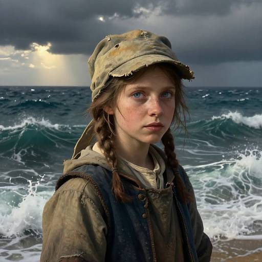 Photograph of a young girl with blue eyes, braided brown hair, wearing a weathered, green military-style hat and jacket, standing on a