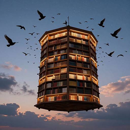 Photograph of a glowing, cylindrical, multi-story building with illuminated balconies, floating in the twilight sky, surrounded by silhouetted birds.