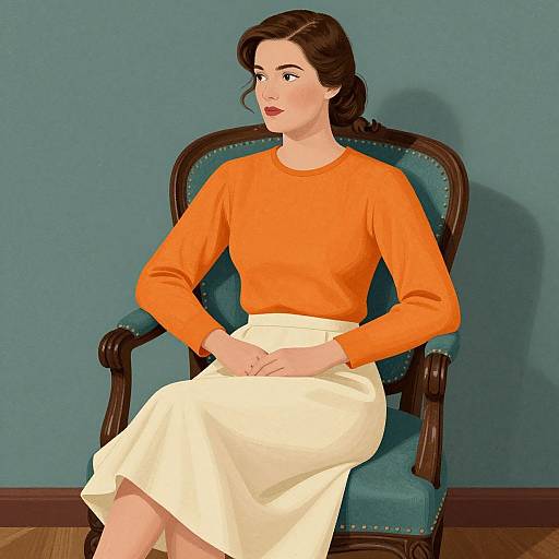 Digital illustration of a fair-skinned woman with brown hair, wearing an orange long-sleeve top and white skirt, seated on a teal upholstered