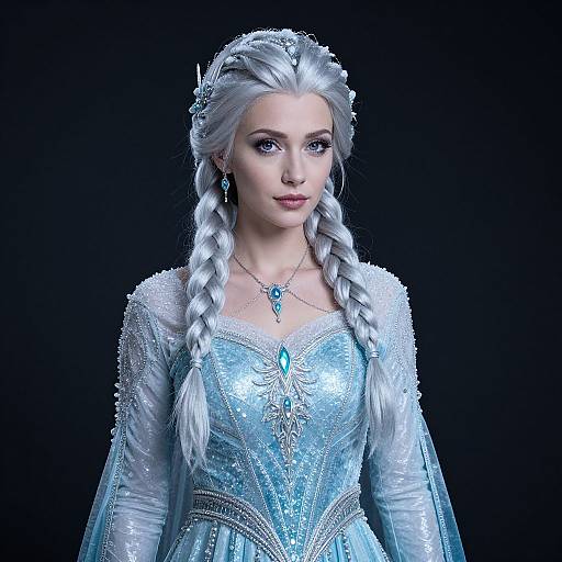 Digital artwork of a fair-skinned, blue-eyed woman with silver braided hair, wearing an ornate, icy blue, long-sleeved gown