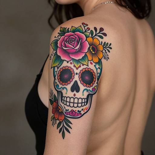 Photograph of a woman's bare shoulder showcasing a vibrant, colorful sugar skull tattoo with roses, flowers, and intricate designs.