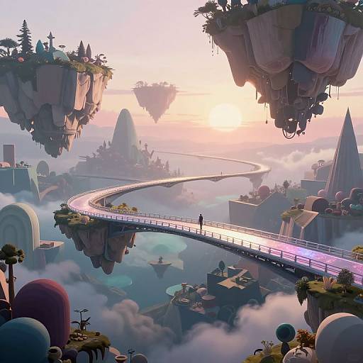 Digital fantasy artwork of a winding, glowing bridge connecting floating islands with surreal, colorful buildings and lush greenery against a pastel sunset sky.