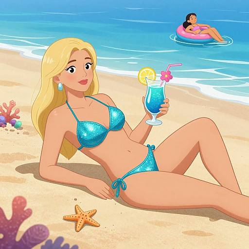 Blonde Woman Relaxing on Tropical Beach