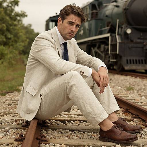 Photograph of a handsome man in a white suit, navy tie, and brown shoes, sitting on railroad tracks with an old steam train in the background