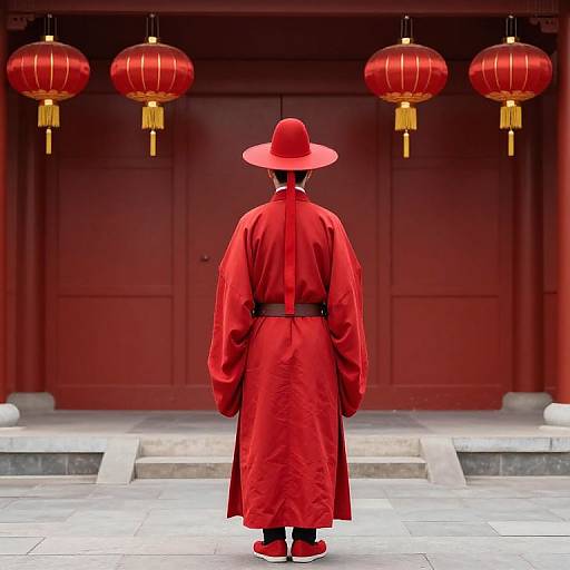 Person in Red Attire by Red Building