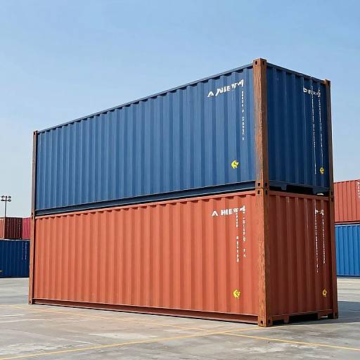 Photograph of a large, stacked shipping container with a blue upper section and red lower section, labeled 