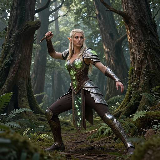 Digital art of an elf warrior with blonde hair, glowing green armor, and pointed ears, poised in a dense, mossy forest. She holds a