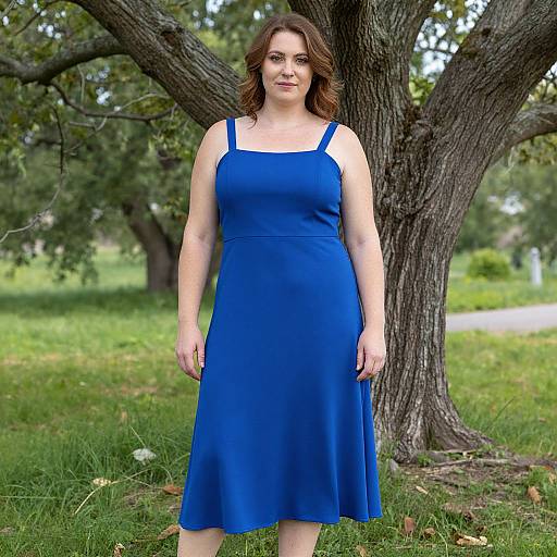 Photograph of a fair-skinned, brown-haired woman in a royal blue, sleeveless dress standing against a large tree in a grassy park.