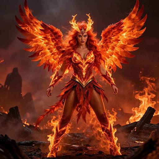 Digital artwork of a fiery, winged warrior woman with glowing red-orange feathers, flames on her arms, legs, and wings, standing in a dark