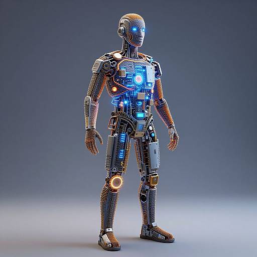 Photorealistic CGI of a standing, futuristic humanoid robot with blue and orange glowing circuits, metallic silver body, and a sleek, featureless head.