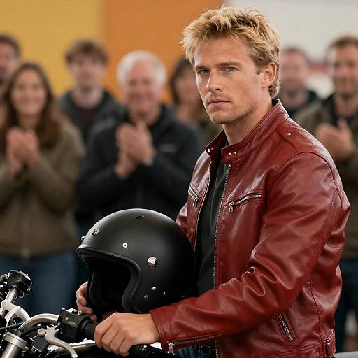 Serious Blonde Man with Motorcycle Helmet