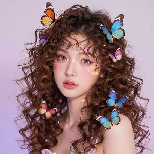 Digital artwork of a pale, curly-haired woman with colorful butterflies in her hair, pink cheeks, and a neutral expression against a white background.