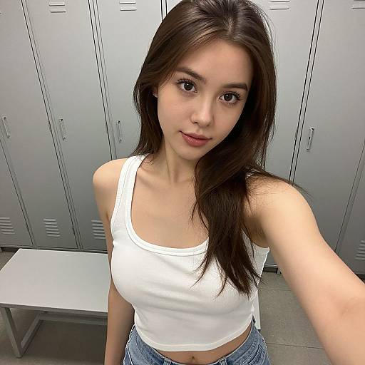 Photograph of a young Asian woman with long brown hair, wearing a white tank top and blue jeans, taking a selfie in a grey locker room.