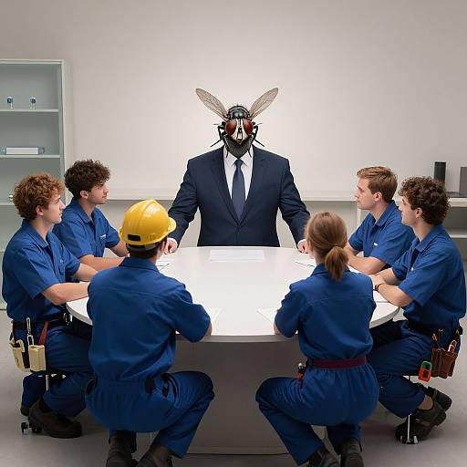 Businessman with Fly Head Meeting Plumbers
