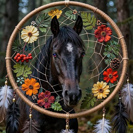 Photograph of a black horse with a white star on its forehead, framed by a dreamcatcher adorned with colorful flowers, pine cones, and feathers