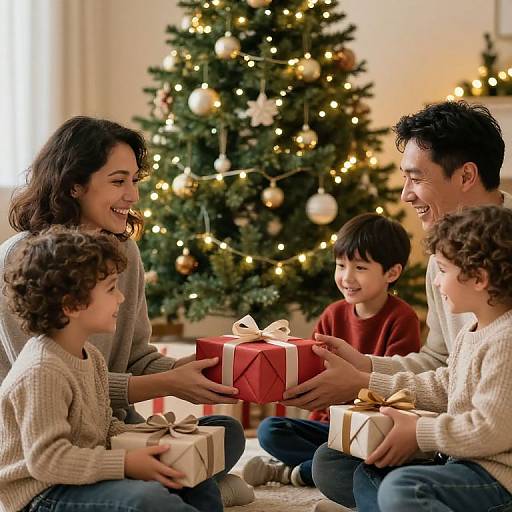 Photograph of a happy multiracial family, sitting around a decorated Christmas tree, exchanging gifts with smiles, in cozy, warmly lit room.