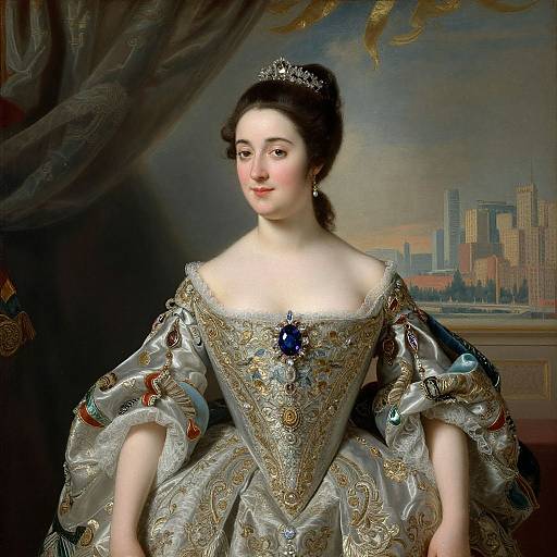 Portrait of a 18th-century aristocratic woman with fair skin, dark hair in an updo, wearing an ornate silver gown, blue gem