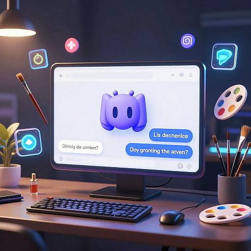 Photograph of a modern desk with a glowing computer screen displaying a blue, cartoonish animal icon, surrounded by neon icons and art supplies.