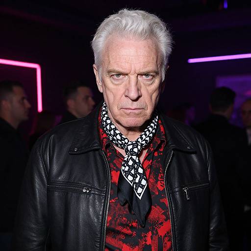 Photograph of an older white man with short white hair, intense gaze, wearing a black leather jacket, red and black patterned shirt, and black