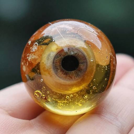 Close-up photograph of a transparent amber glass orb containing a detailed, realistic eye with brown iris and black pupil, held by a hand.