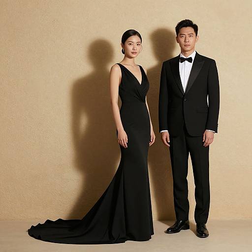 Photograph of an Asian couple in formal attire; woman in a black, sleeveless, floor-length gown, man in a black tuxedo with